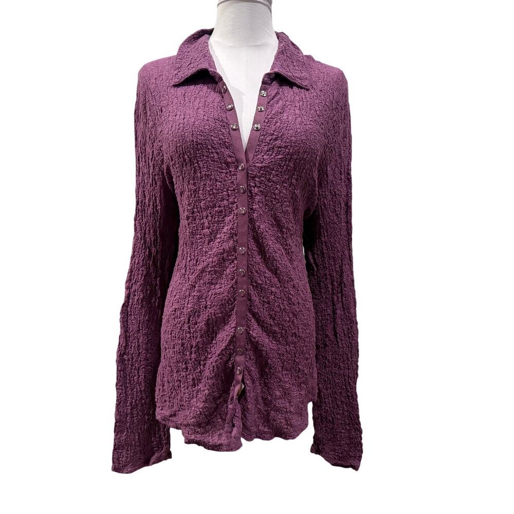 J Jill Purple Textured Stretch Snap Button Front Long Sleeve Top XL Office Artsy